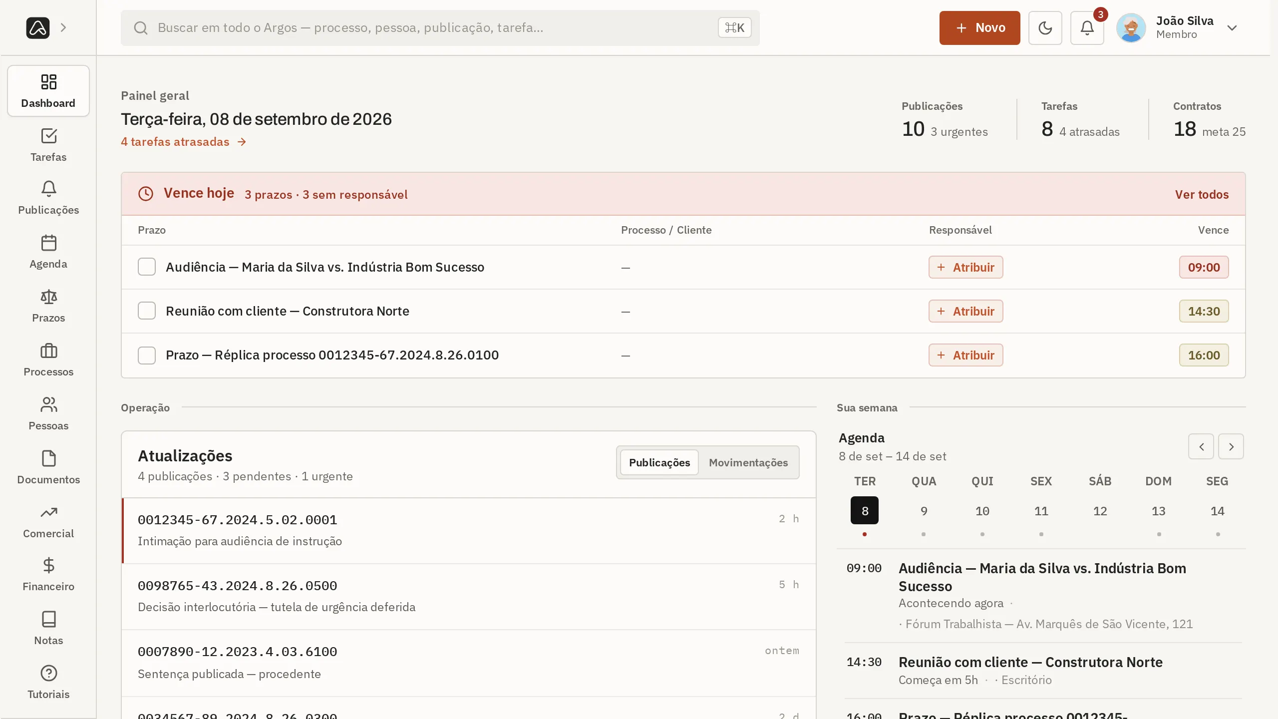 Painel do Argos com os prazos que vencem hoje, a agenda da semana e as publicações recebidas.
