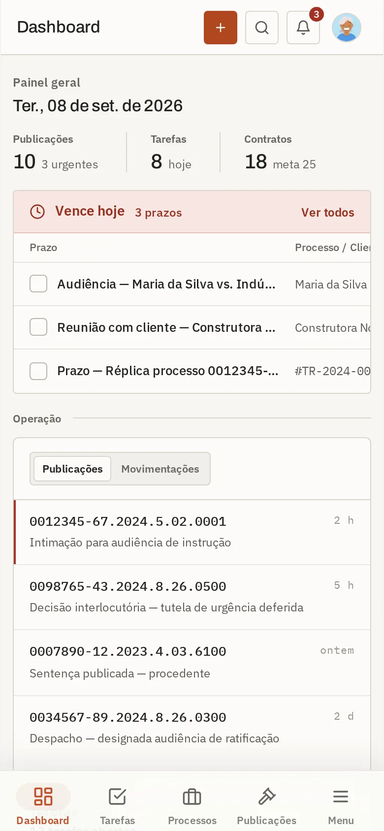 Painel do Argos no celular, com os prazos que vencem hoje.