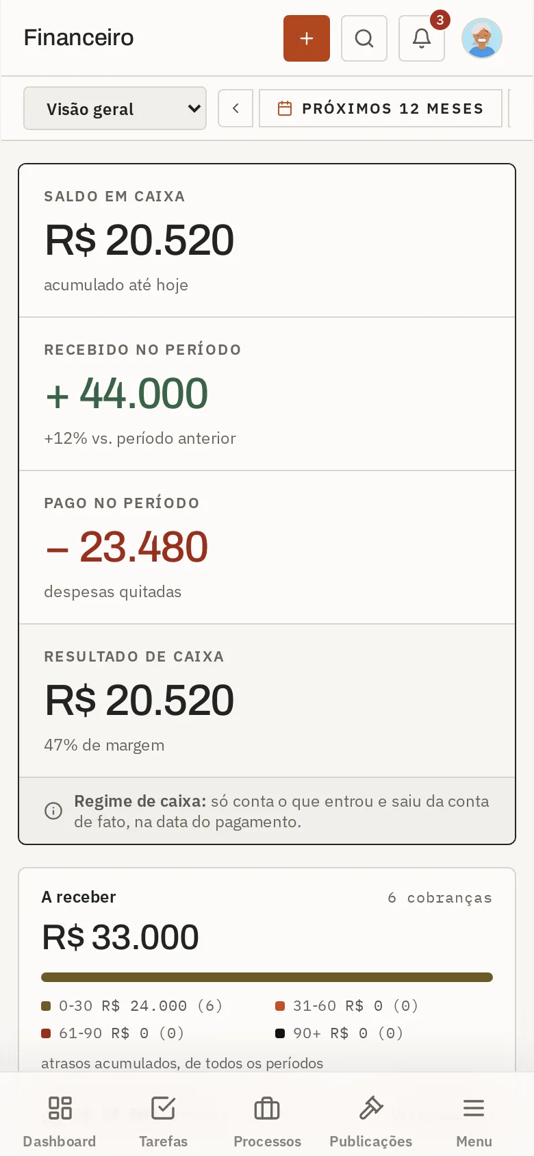Financeiro no celular: saldo, recebido e a receber.