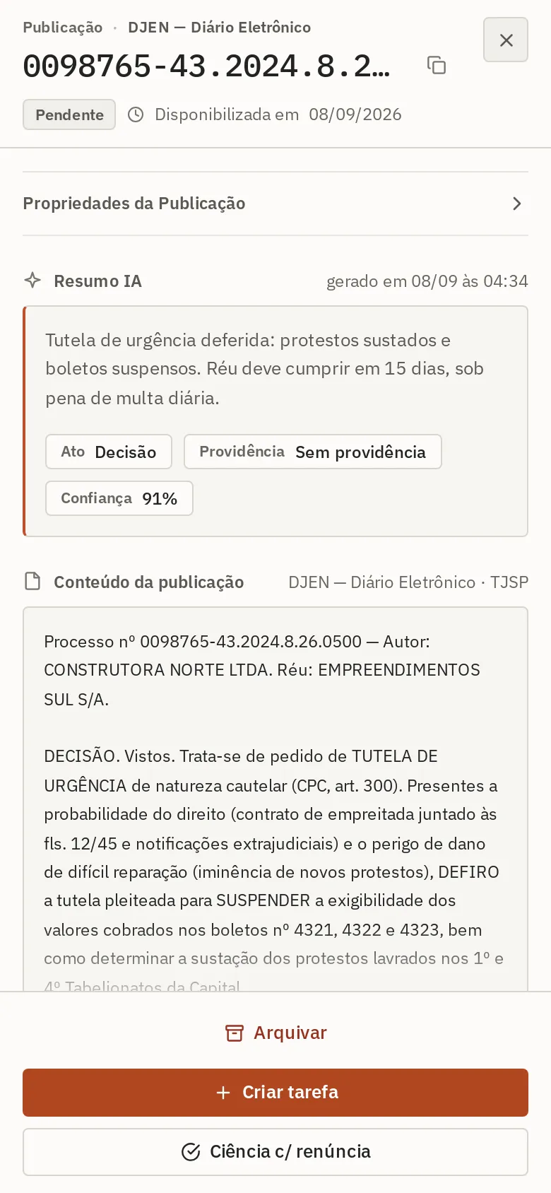 A mesma publicação aberta no celular, com o resumo da IA e o inteiro teor.